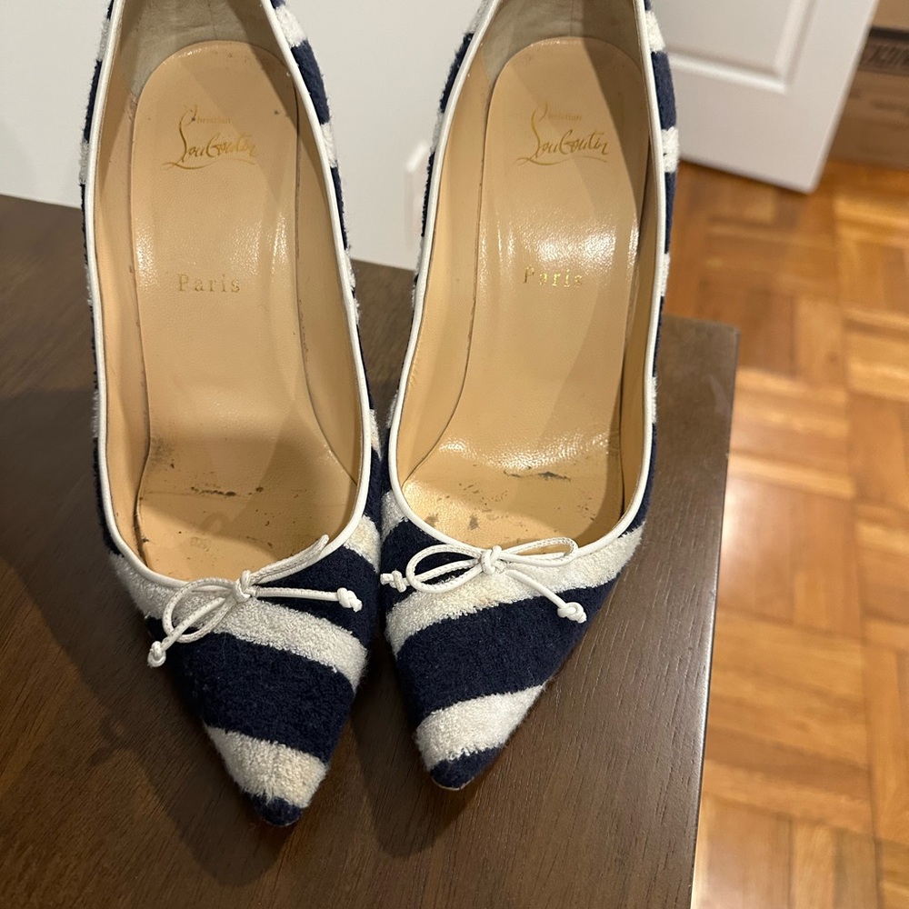 Christian Louboutin Navy and White Striped Heels